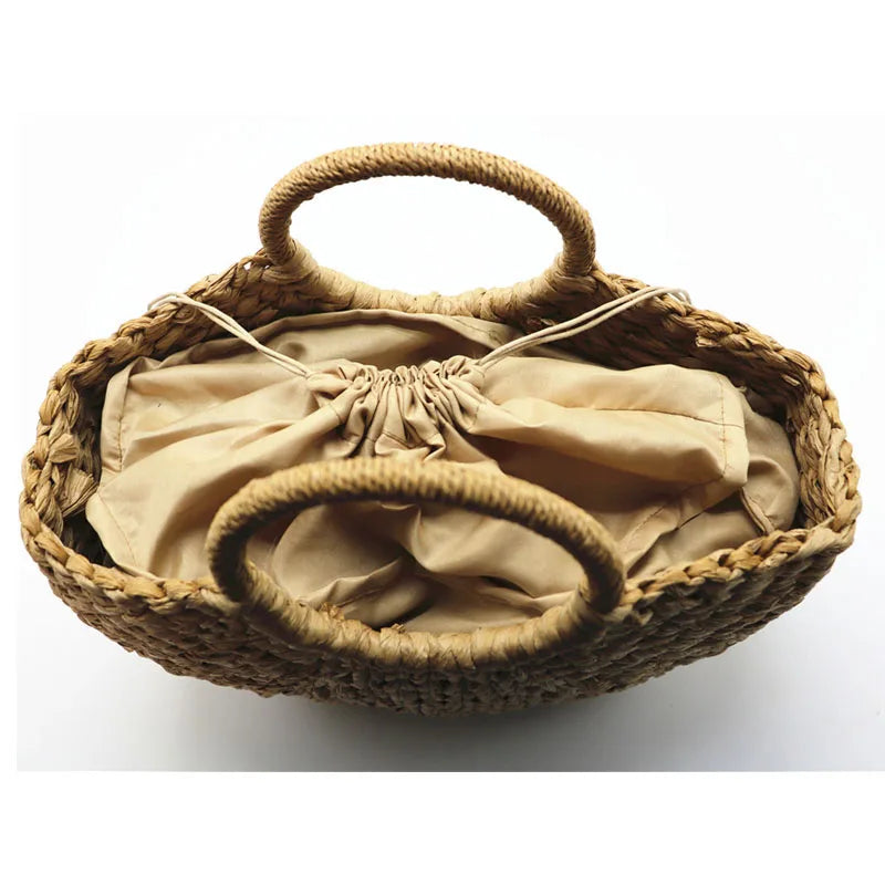 Femlion Moon Straw Beach Bag with Pompon for Women