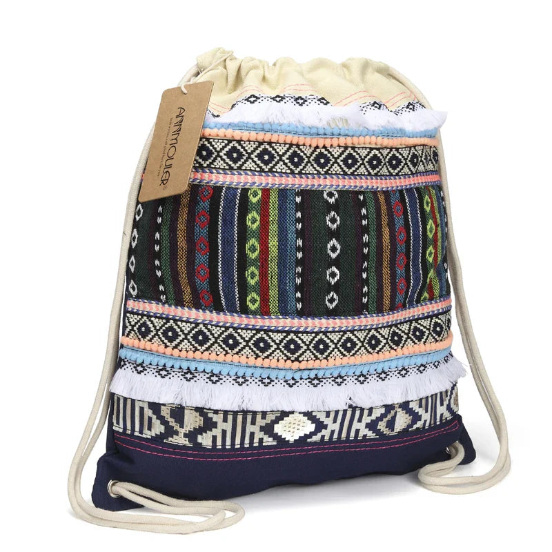 Femlion Boho Drawstring Backpack with Tassels - Large Capacity Hobo Bag