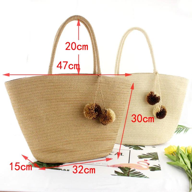 Femlion Rattan Hair Ball Straw Beach Bag: Wild Woven Shoulder Vacation Tote