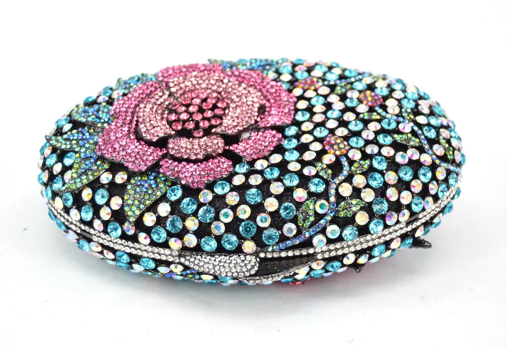 Femlion Oval Blue Diamond Evening Bag for Wedding Party, Luxury Crystal Clutch Box