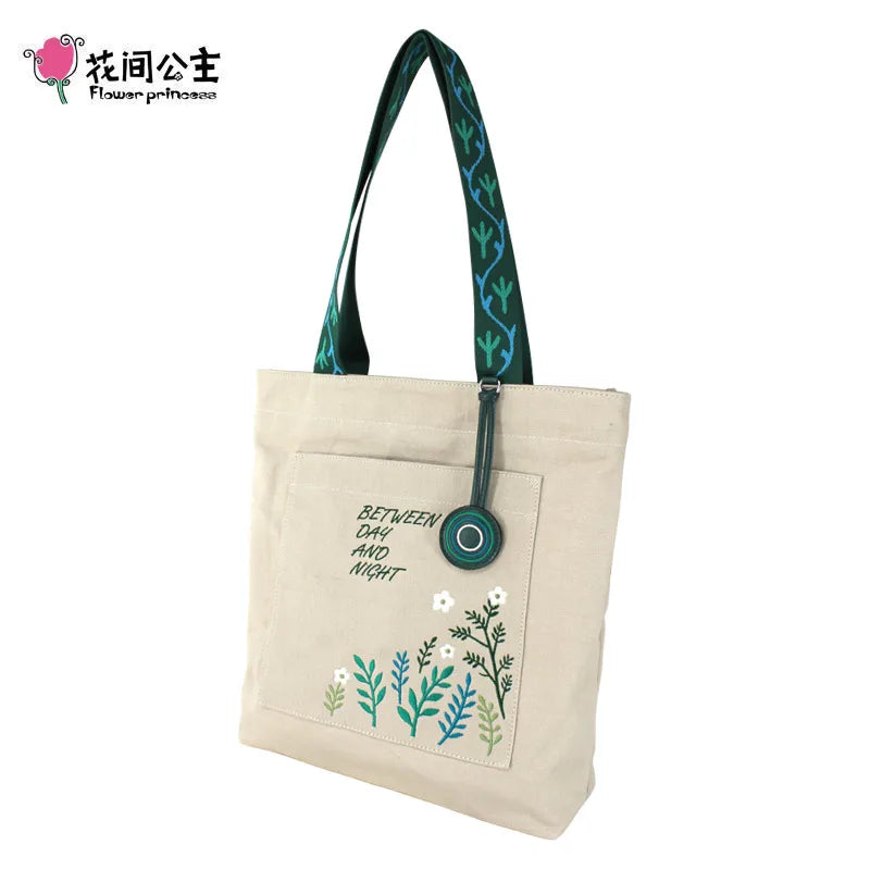 Femlion Flower Princess Embroidery Tote: Summer Canvas Shoulder Bag with Large Capacity