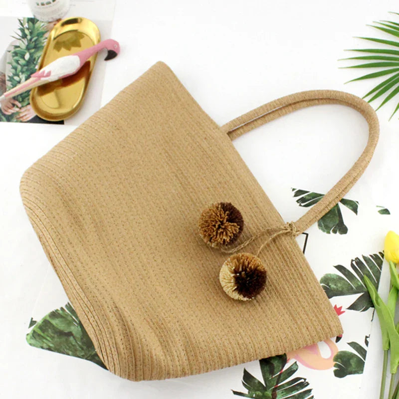 Femlion Rattan Hair Ball Straw Beach Bag: Wild Woven Shoulder Vacation Tote