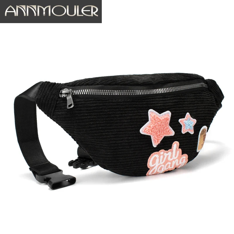 Femlion Corduroy Waist Bag Large Capacity 6 Color Patchwork Bum Bag