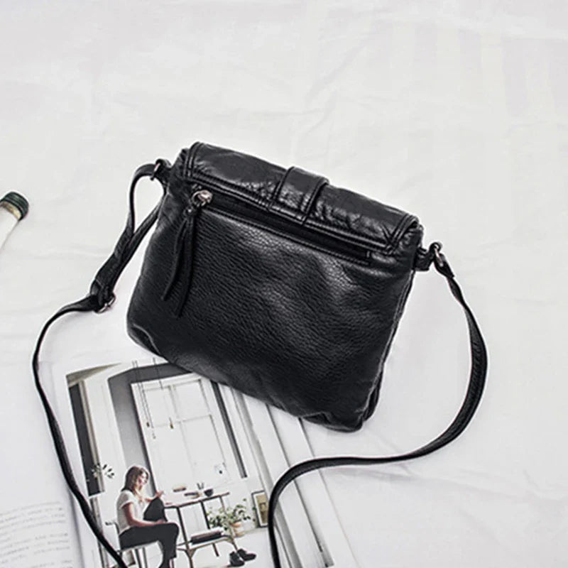 Femlion Black Leather Crossbody Bag: Small Size Shoulder Messenger Purse