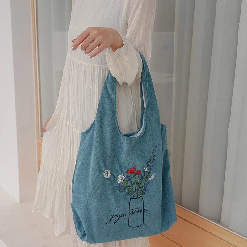 Femlion Corduroy Shoulder Bag with Embroidered Flowers - Eco-Friendly Tote Bag for Women