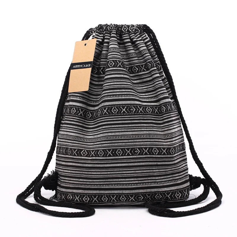 Femlion Aztec Drawstring Backpack Vintage Boho Bag Folk Ethnic String Bag