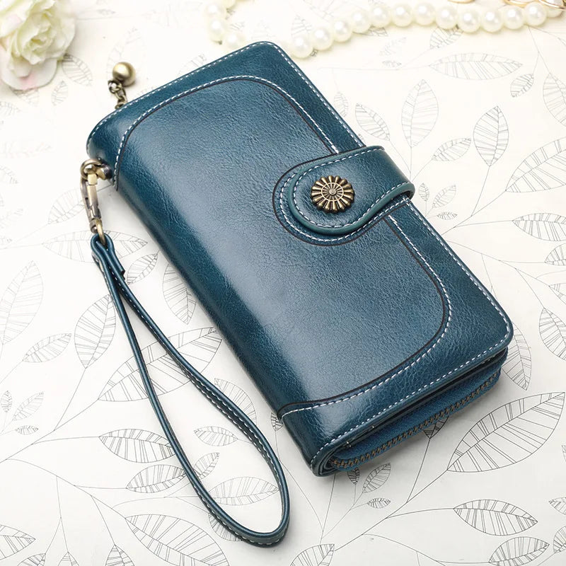 Femlion Vintage Long Wallet in Greased PU Leather with Zipper Phone Pocket.