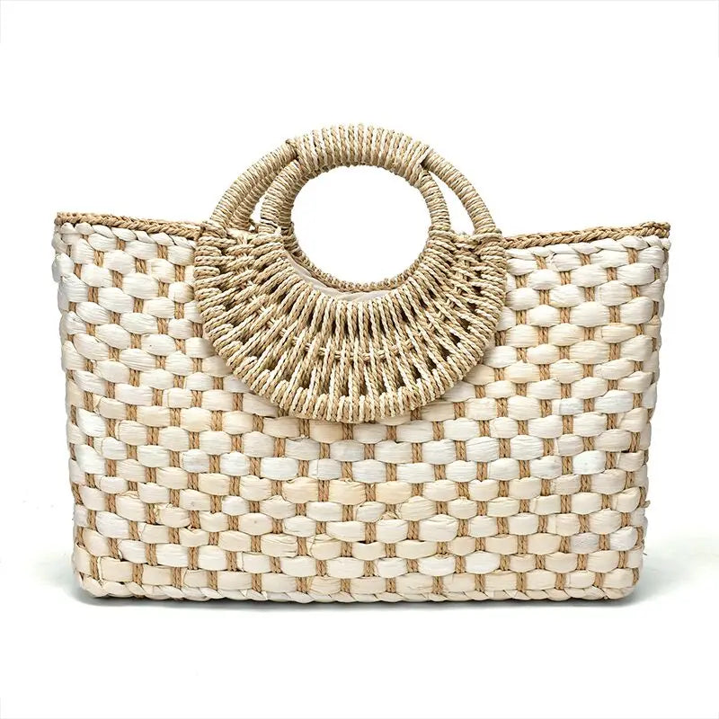 Femlion Corn Straw Woven Hand Basket Beach Bag with Butterfly Buckle