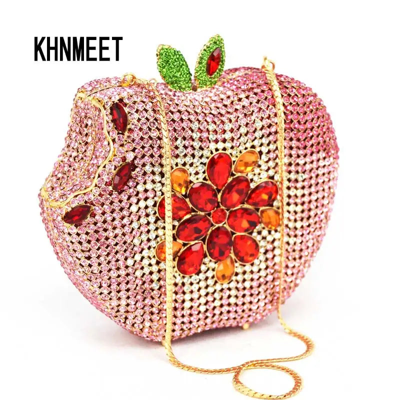 Femlion Pink Apple Crystal Clutch Wedding Party Bag Luxury Fashion Handbag