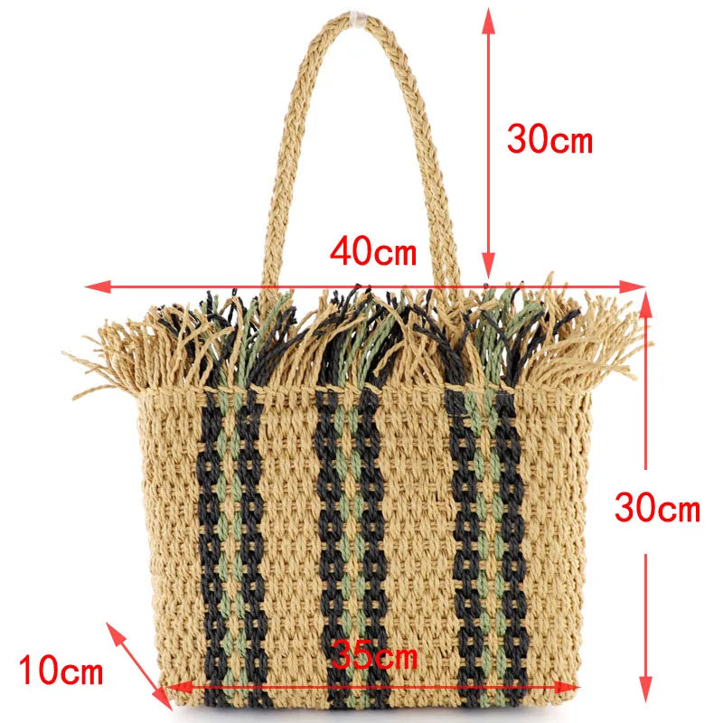 Femlion Striped Straw Beach Bag Large Capacity Square Shoulder Woven Bag