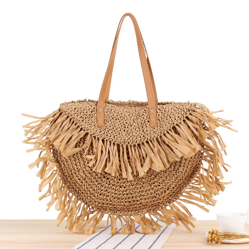 Femlion Beach Tassel Straw Shoulder Bag for Fashionable Style Statement