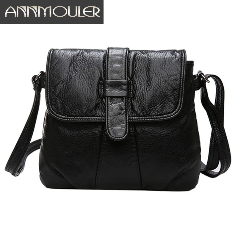 Femlion Black Leather Crossbody Bag: Small Size Shoulder Messenger Purse