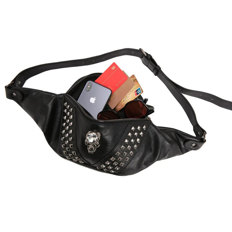 Femlion Skull Hip Bag Unisex Punk Waist Shoulder Fanny Pack Pu Leather Travel Bag