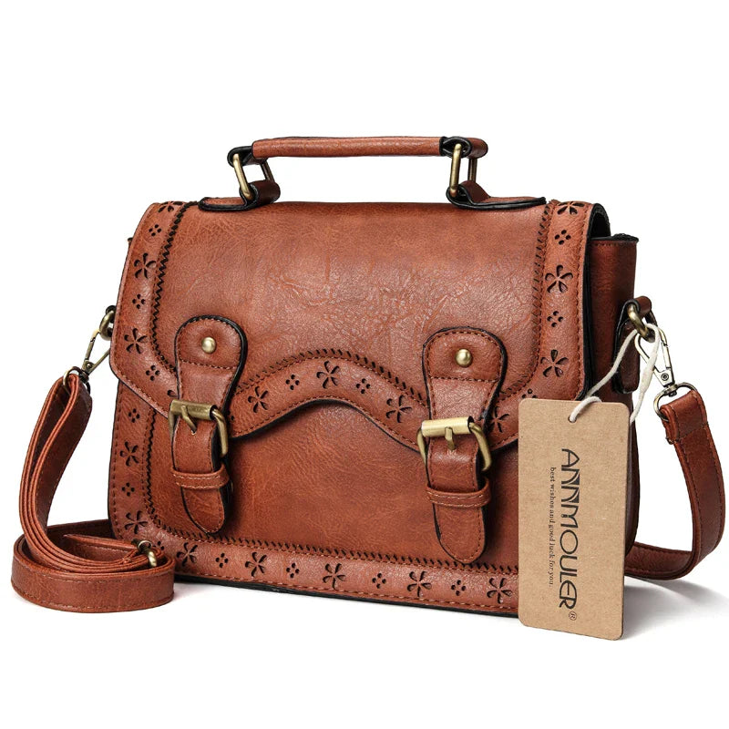 Femlion Vintage Hollow Out Women Satchel Crossbody Bag Brown Shoulder Purse