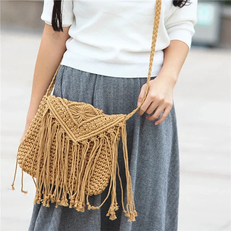 Femlion Straw Tassel Beach Bag Handwoven Crossbody Shoulder Bag