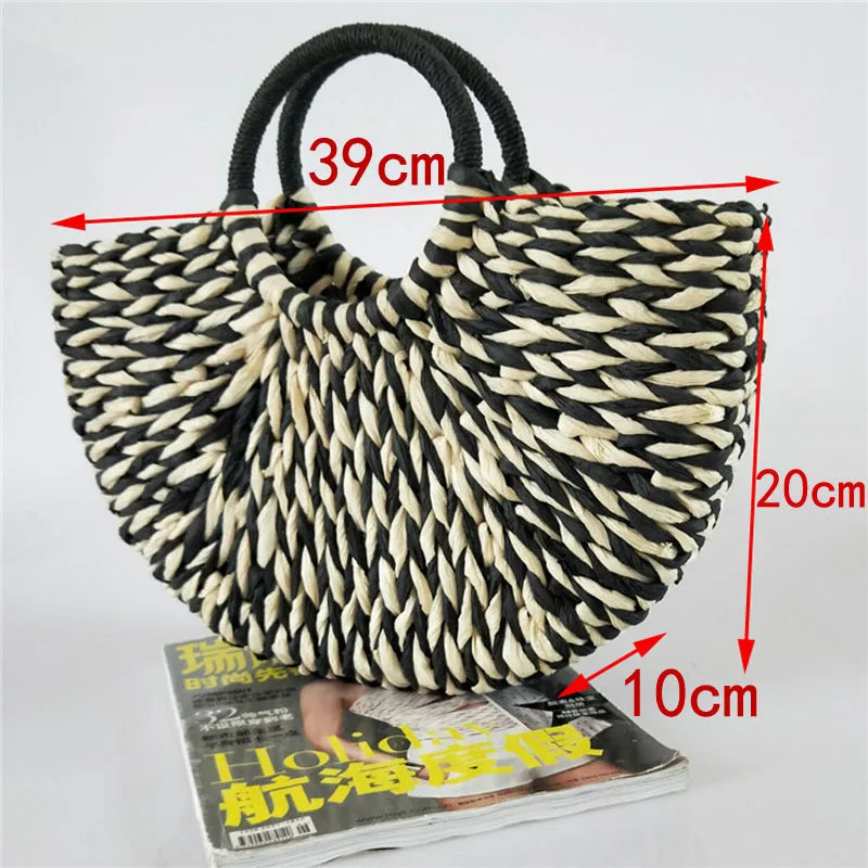 Femlion Handmade Woven Straw Bucket Bag - Semicircle Rattan Handbag