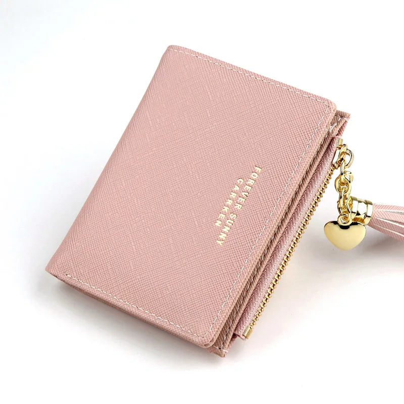 Femlion Pink Crossed Grain PU Leather Short Wallet Mini Money Bag