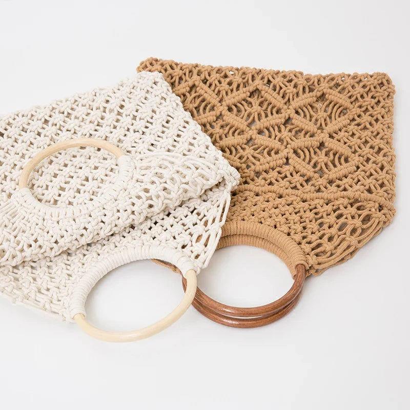 Femlion Macrame Tote with Wooden Ring Handle Vintage Straw Bag