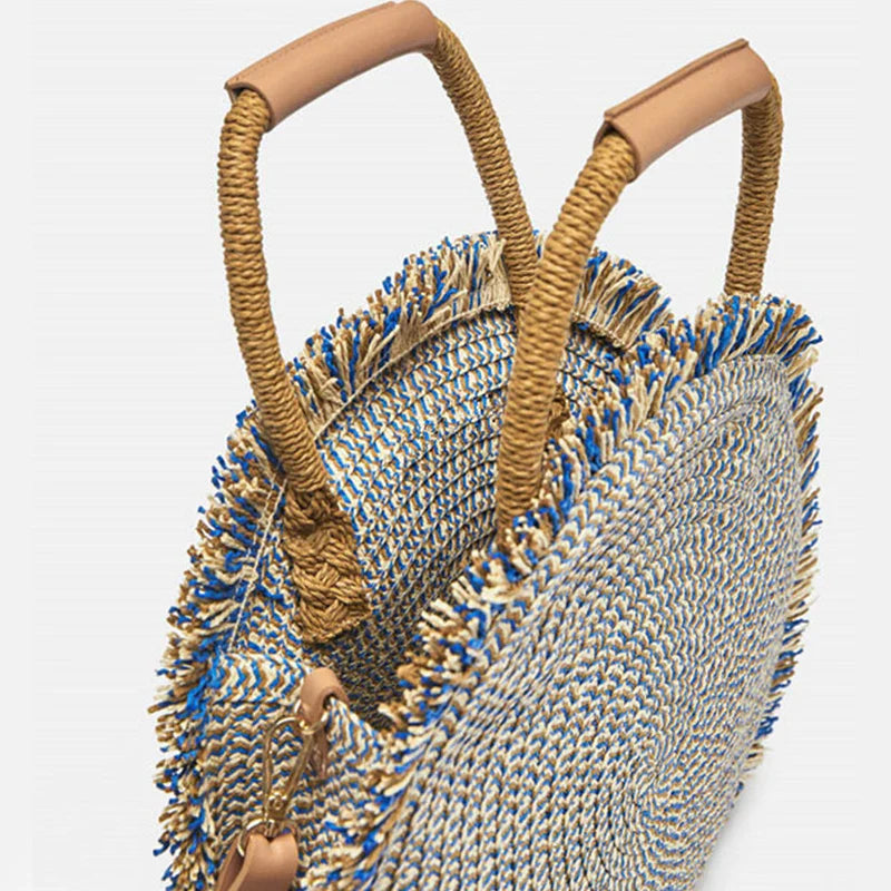 Femlion Fringed Straw Handbag Tote Beach Woven Round Shoulder Bag