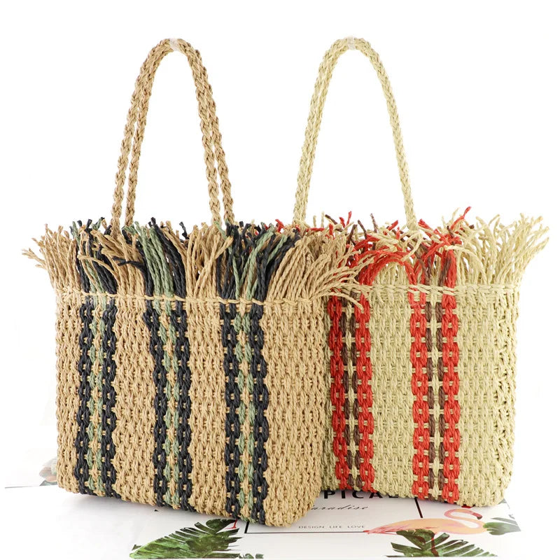 Femlion Striped Straw Beach Bag Large Capacity Square Shoulder Woven Bag