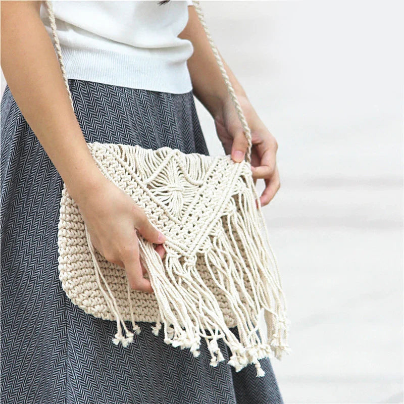 Femlion Straw Tassel Beach Bag Handwoven Crossbody Shoulder Bag