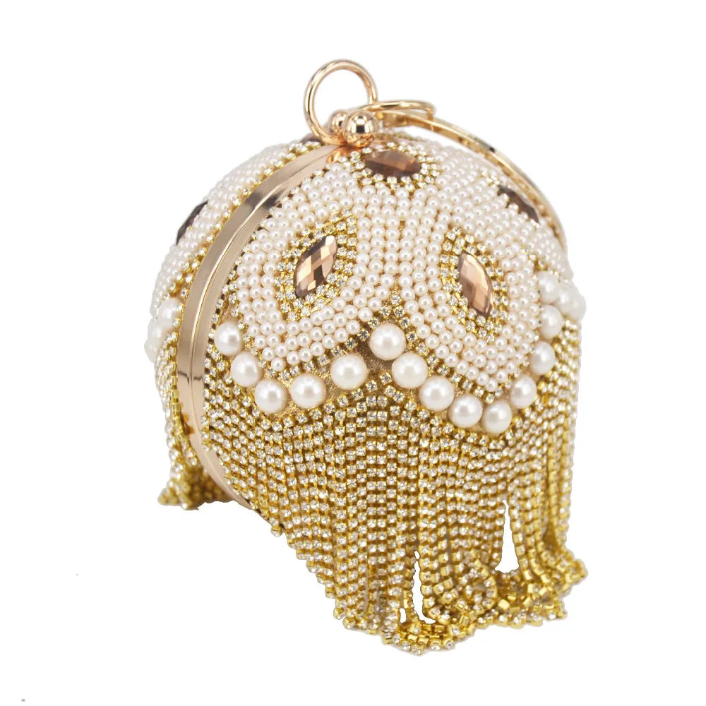 Femlion Elegant Pearl Beaded Evening Clutch Bag with Crystal Tassels