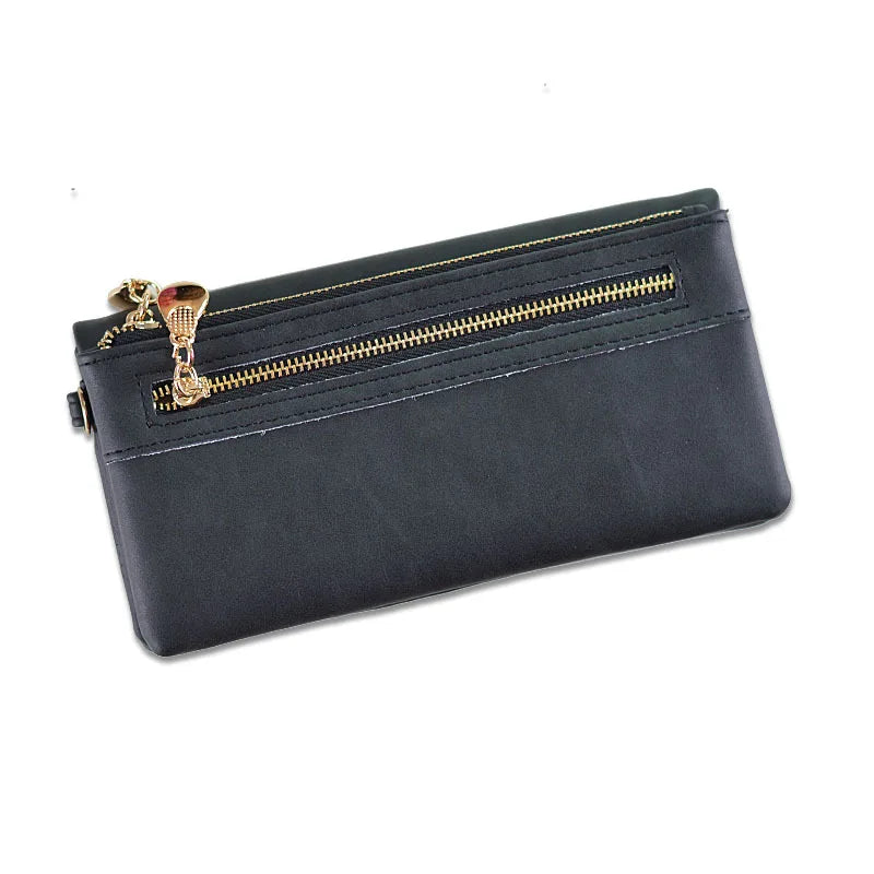 Femlion Vintage Matte PU Leather Long Wallet with Double Zipper Clutch