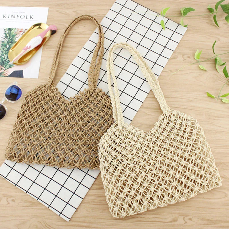 Femlion Hand-Woven Straw Beach Bag with Paper Rope Grid