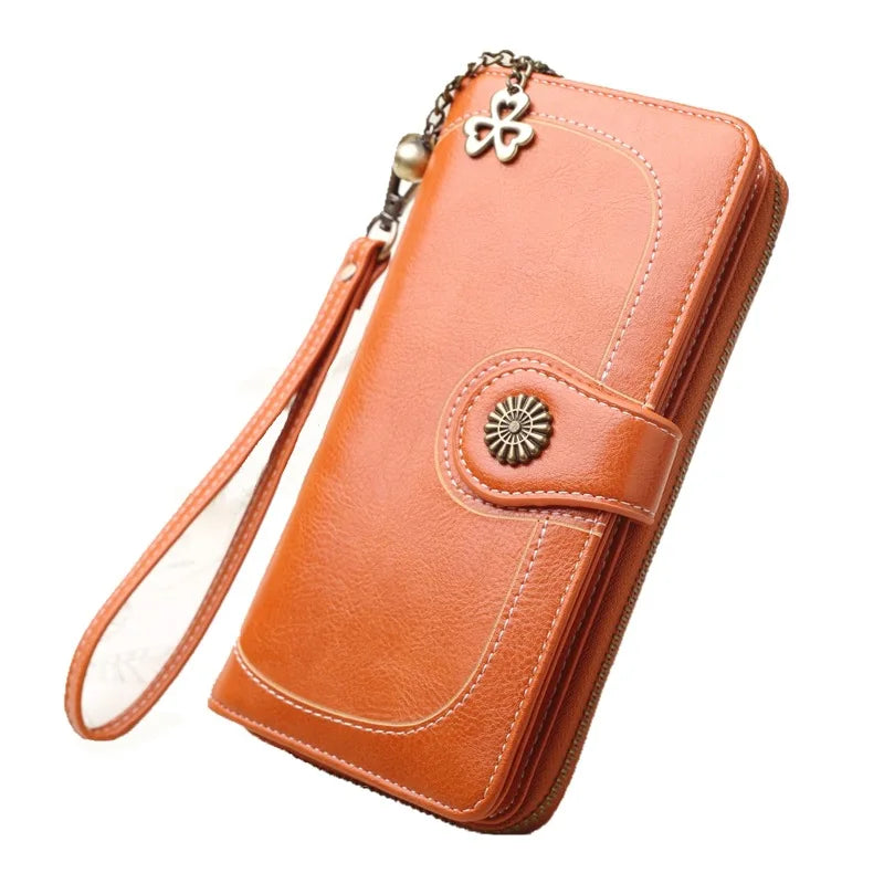 Femlion Vintage Long Wallet in Greased PU Leather with Zipper Phone Pocket.