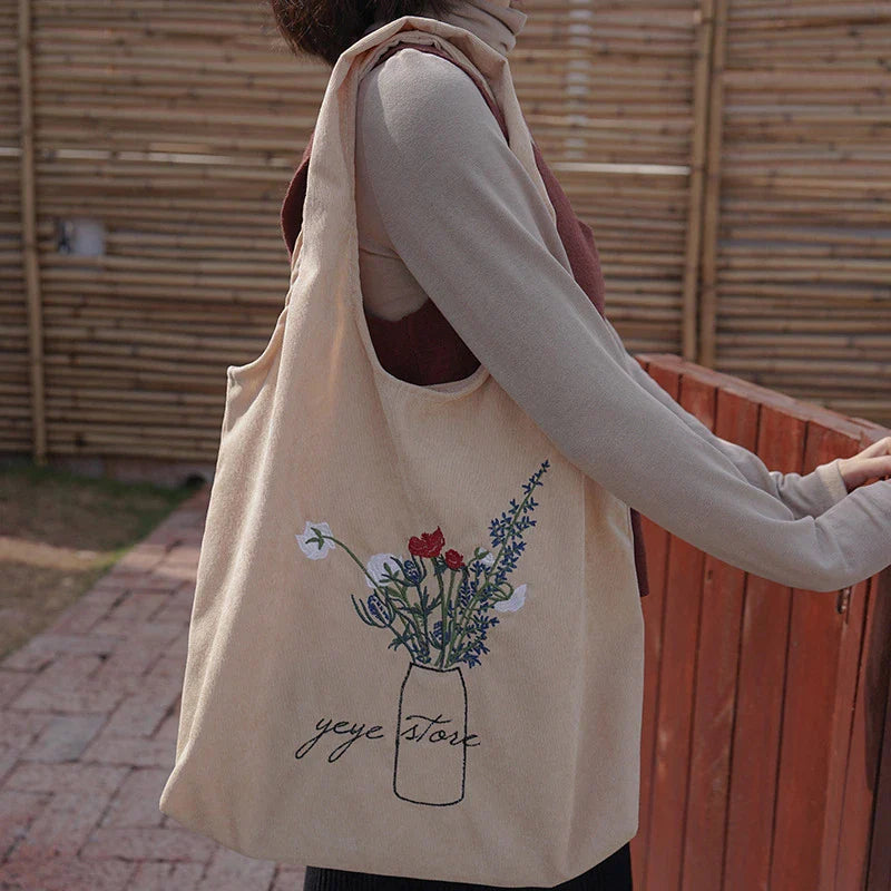 Femlion Corduroy Shoulder Bag with Embroidered Flowers - Eco-Friendly Tote Bag for Women