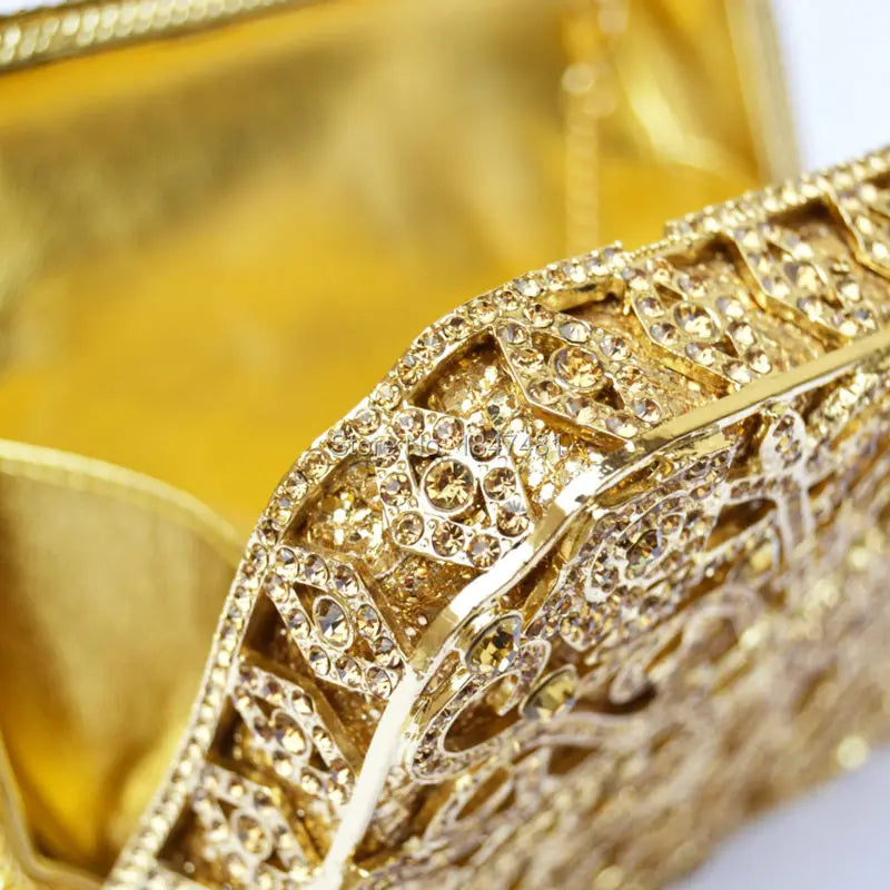 Femlion Diamante Box Clutch: Golden Luxury Bag for Wedding and Evening Events