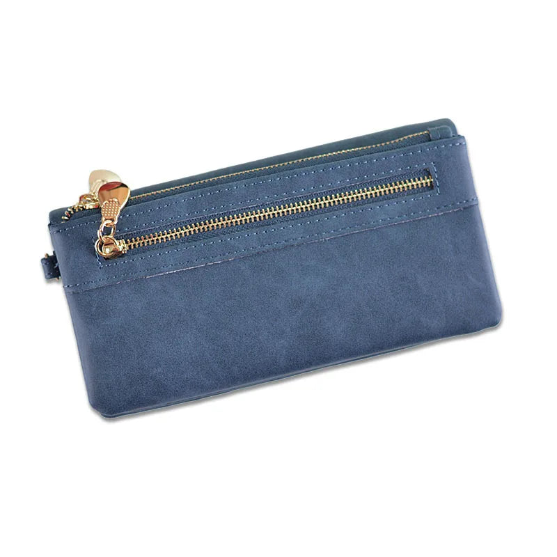 Femlion Vintage Matte PU Leather Long Wallet with Double Zipper Clutch