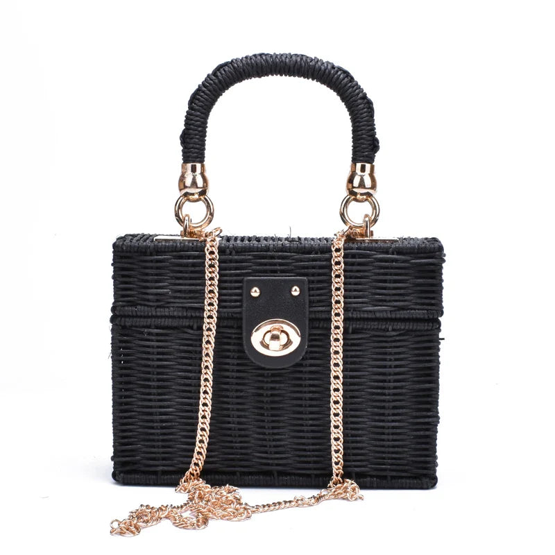 Femlion Rattan Straw Shoulder Bag Women Hand-woven Beach Handbag Messenger Square Box