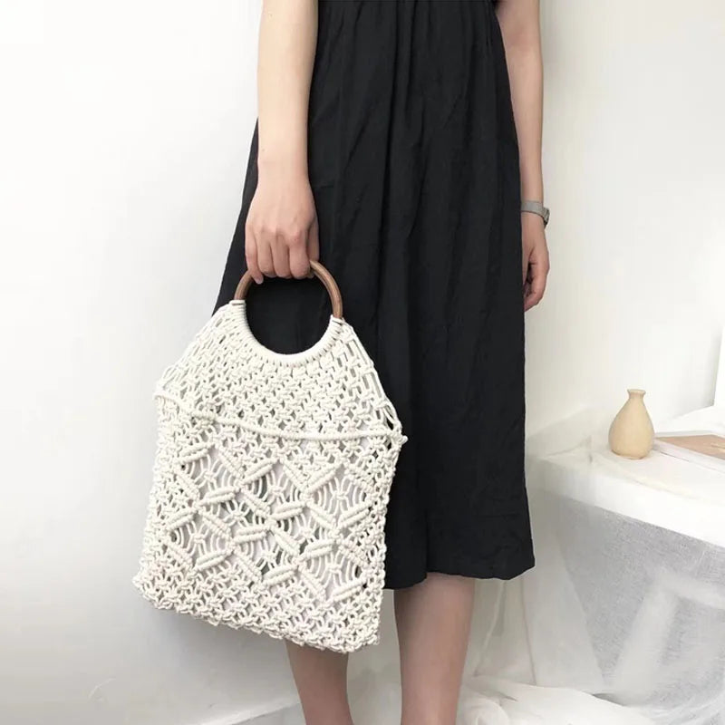 Femlion Macrame Tote with Wooden Ring Handle Vintage Straw Bag