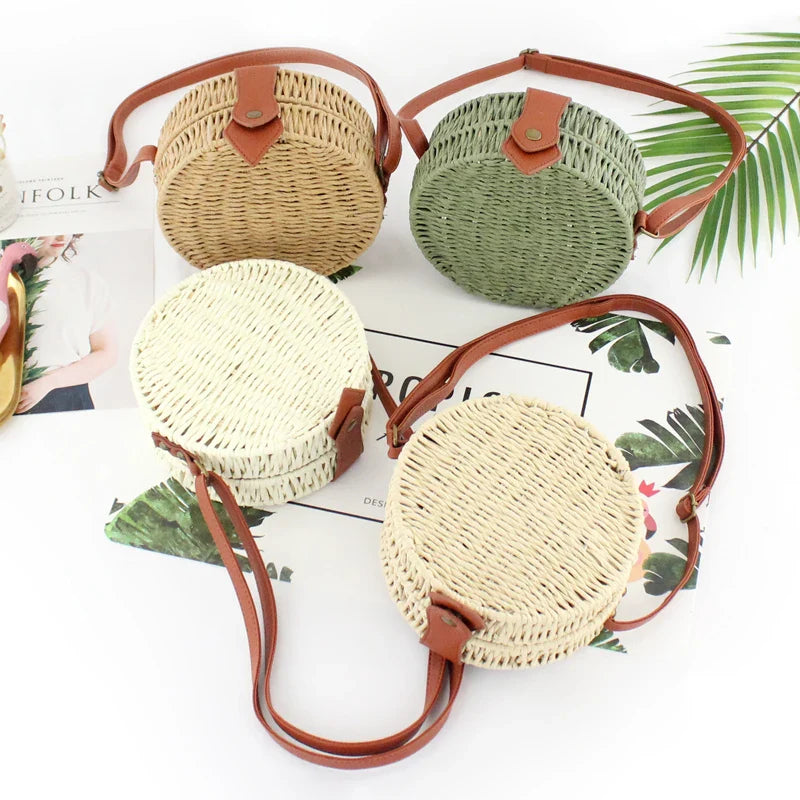 Femlion Summer Rattan Round Straw Bag - Boho Circle Crossbody Handbag