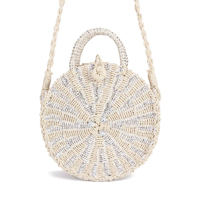 Femlion Rattan Woven Round Handbag Retro Straw Knitted Messenger Bag Lady Beach Tote Circle