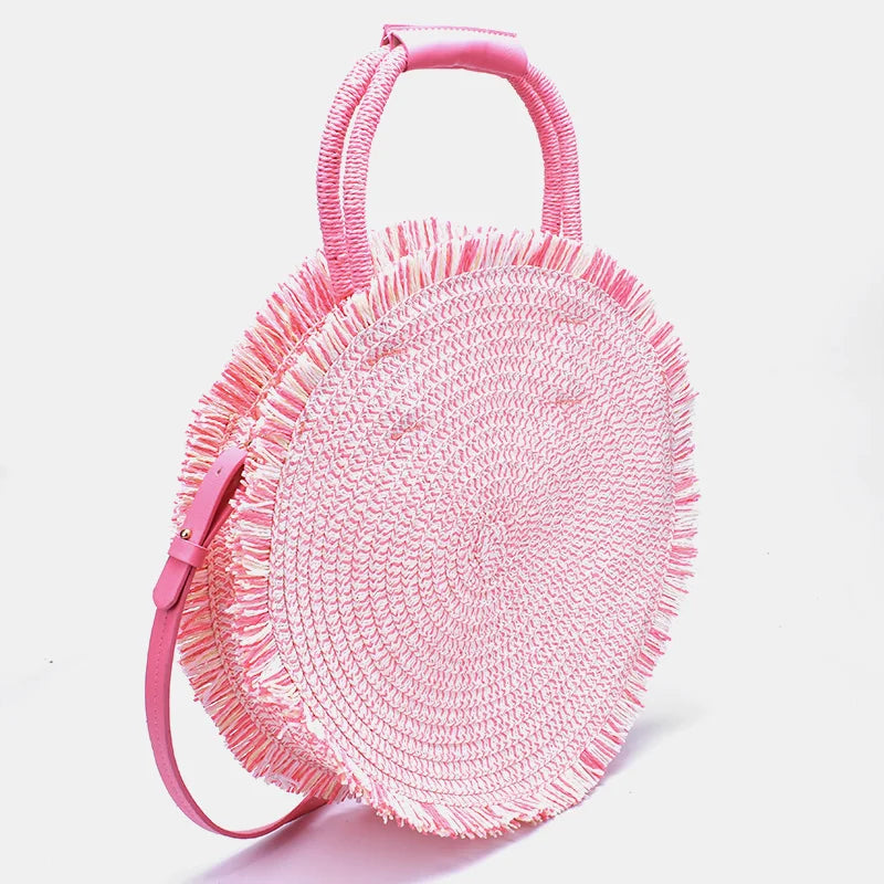 Femlion Retro Round Straw Bag with Leather Handle and Shoulder Strap