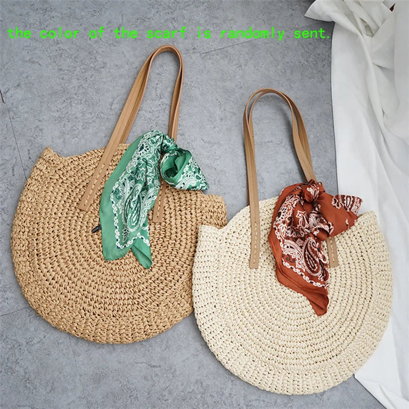 Femlion Round Straw Beach Bag Large Capacity Hand Woven Summer Girl Bag