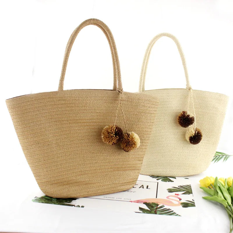 Femlion Rattan Hair Ball Straw Beach Bag: Wild Woven Shoulder Vacation Tote