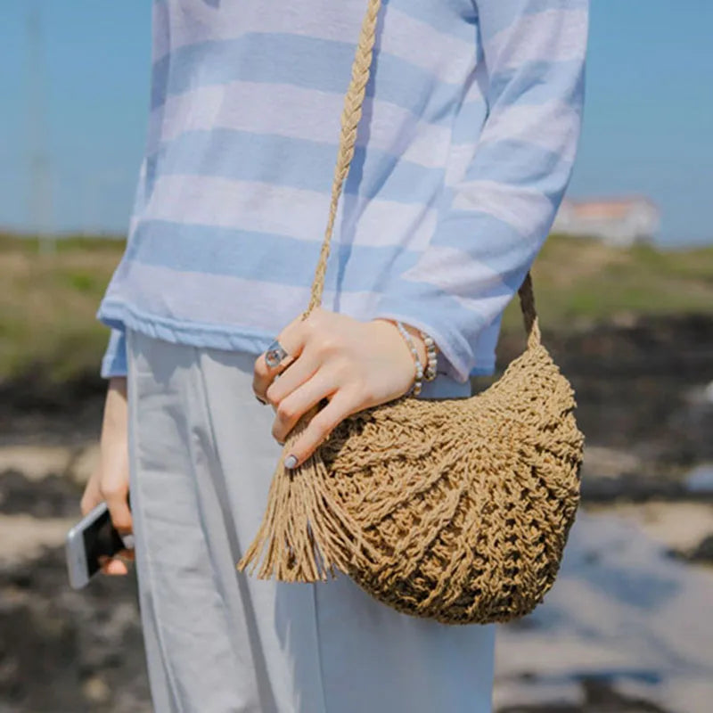 Femlion Tassel Knitting Straw Bag - Summer Rattan Tote with Tassels, Shoulder Handbag