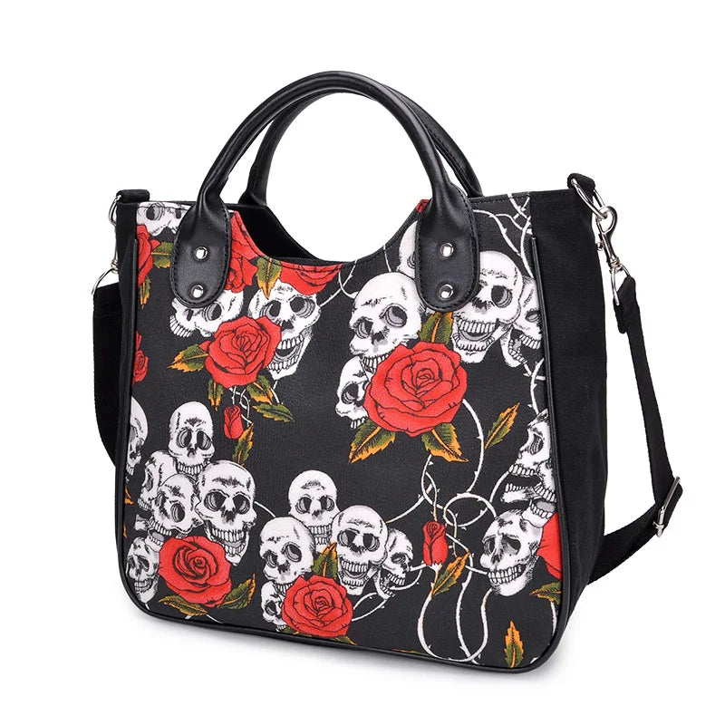 Femlion Gothic Skull Rose Shoulder Bag Handbag for Women