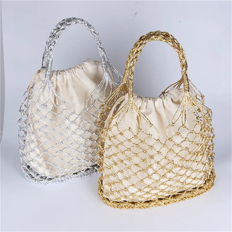 Femlion Reticulate Handbag: Gold & Silver Straw Beach Bag with Bright Paper Ropes