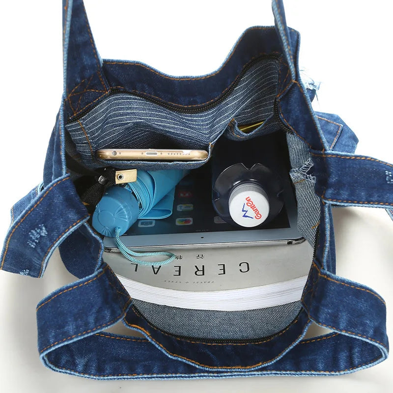 Femlion Denim Shoulder Bag: Stylish Cowgirl Handbag for Women, Ripped Jeans Design Tote