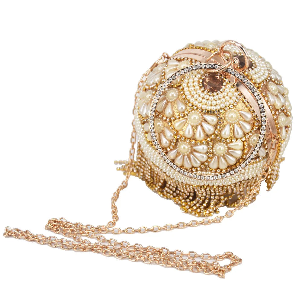 Femlion Pearl Clutch with Crystal Tassels & Circular Ring - XQ-15