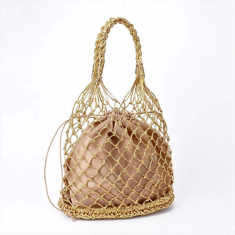 Femlion Reticulate Handbag: Gold & Silver Straw Beach Bag with Bright Paper Ropes