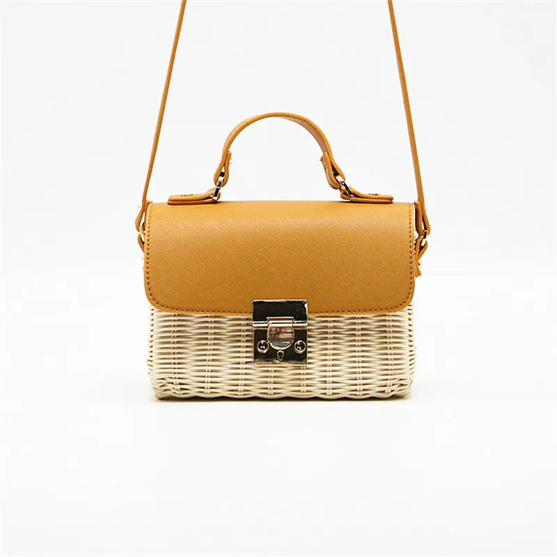 Femlion Woven Rattan Leather Crossbody Bag Wood Handbag