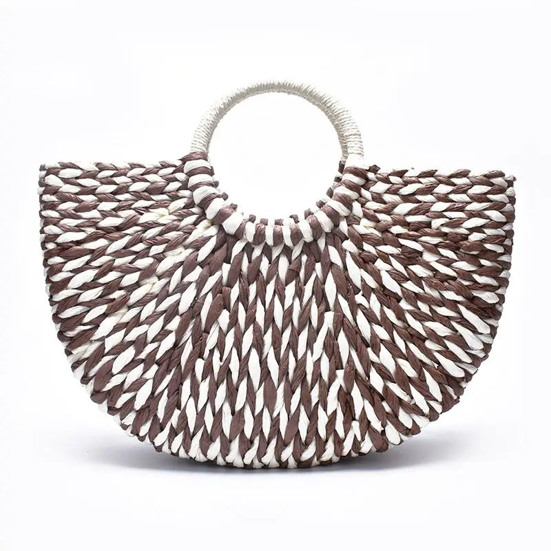 Femlion Handmade Woven Straw Bucket Bag - Semicircle Rattan Handbag