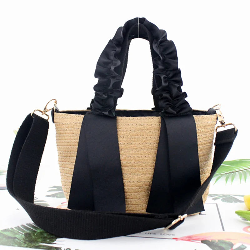 Femlion Black Lace Straw Bag Portable Handbag Beach Bag