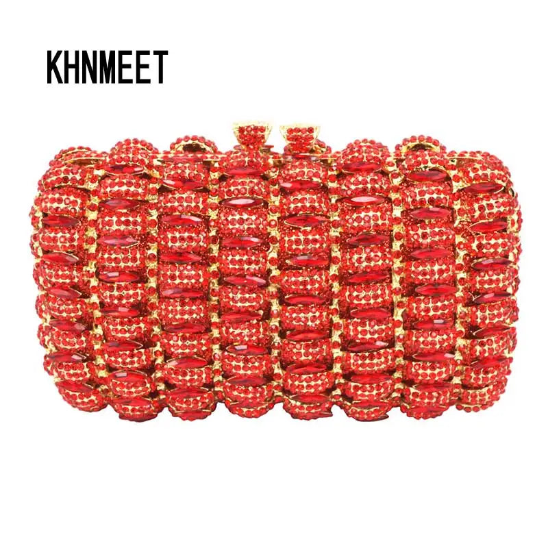 Femlion Red Studded Jeweled Evening Clutch Bag for Women