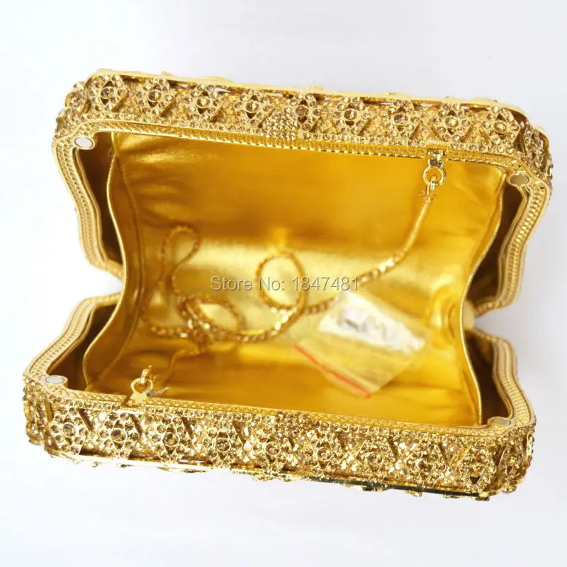 Femlion Diamante Box Clutch: Golden Luxury Bag for Wedding and Evening Events